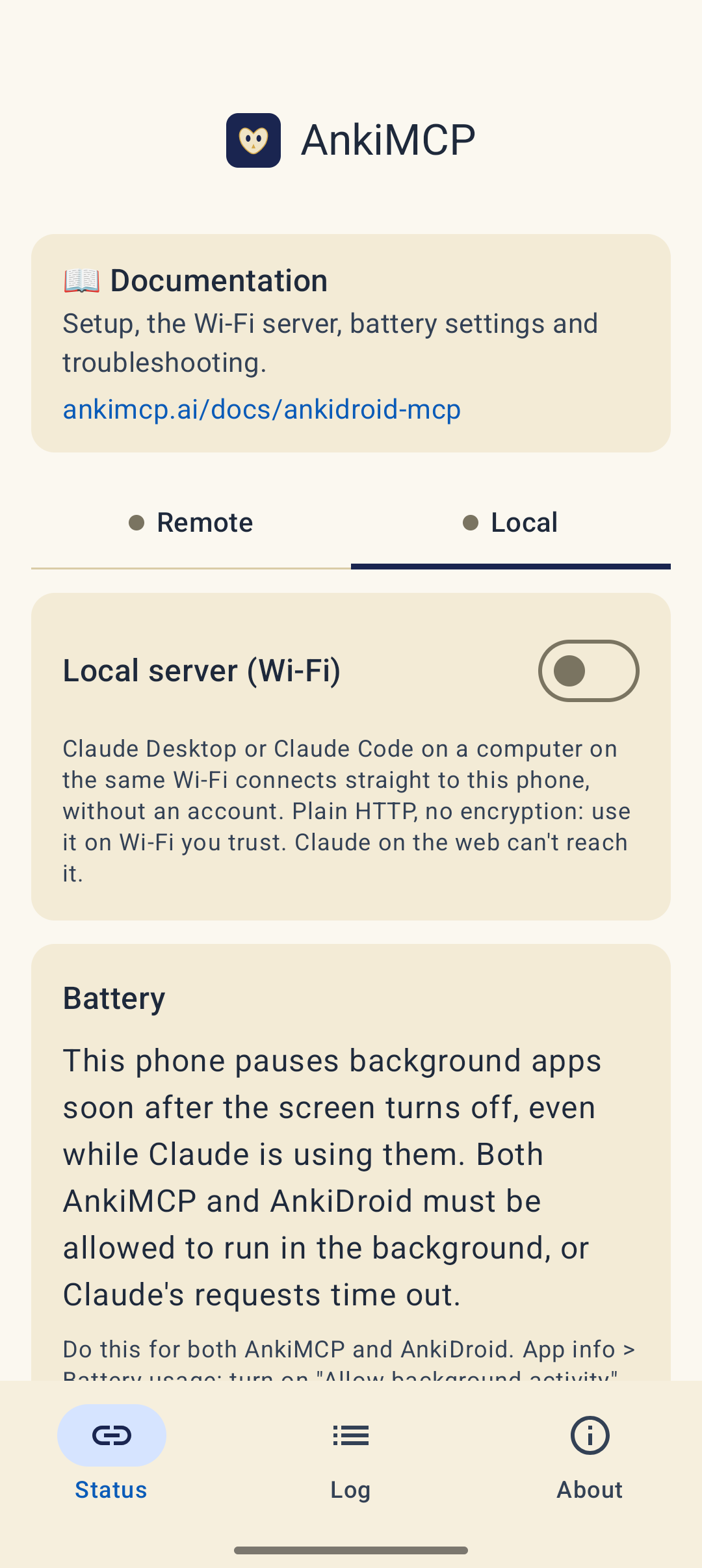 The Local tab with the Local server (Wi-Fi) switch off and an explanation that Claude Desktop or Claude Code on the same Wi-Fi connects straight to this phone over plain HTTP.