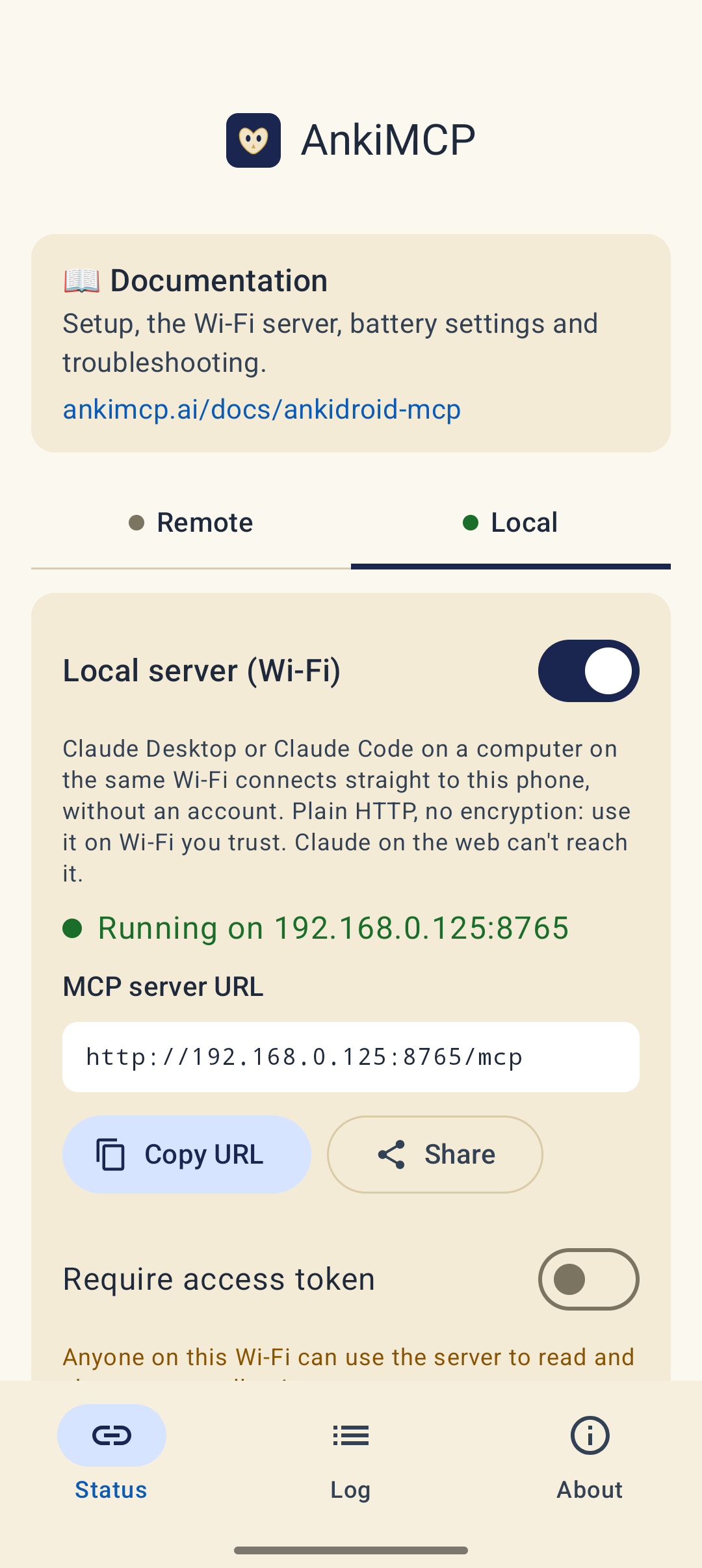 The local server running on 192.168.0.125:8765, with the MCP server URL, Copy URL and Share buttons, and the Require access token switch off.