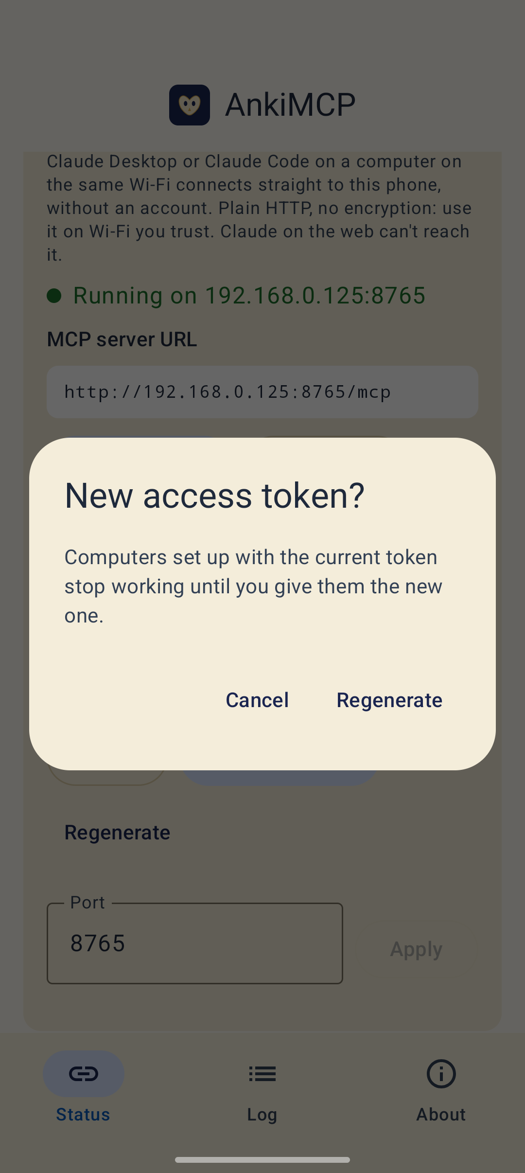 The New access token? dialog warning that computers set up with the current token stop working until you give them the new one, with Cancel and Regenerate.