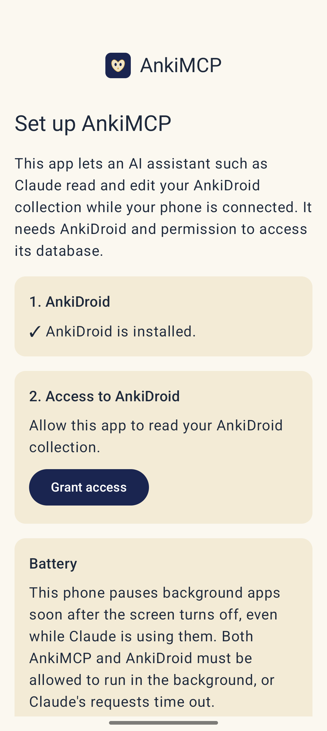 AnkiMCP's Set up AnkiMCP screen: step 1 confirms AnkiDroid is installed, step 2 Access to AnkiDroid has a Grant access button.