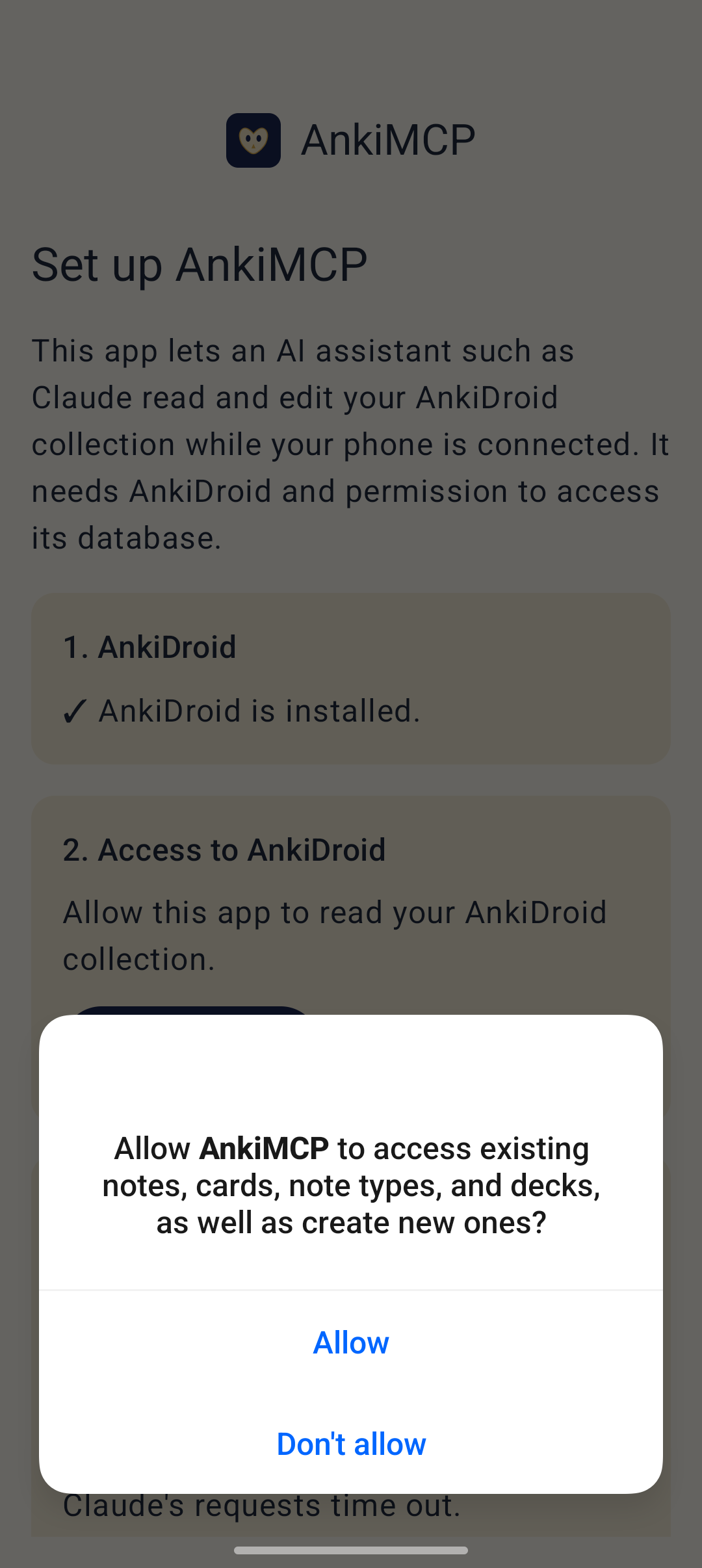 AnkiDroid's permission dialog asking to allow AnkiMCP to access existing notes, cards, note types, and decks, and create new ones.