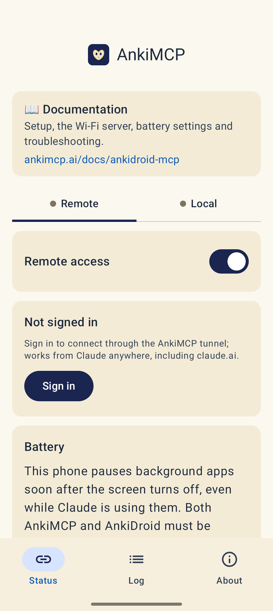 The Remote tab with the Remote access switch on and a Not signed in card with a Sign in button.
