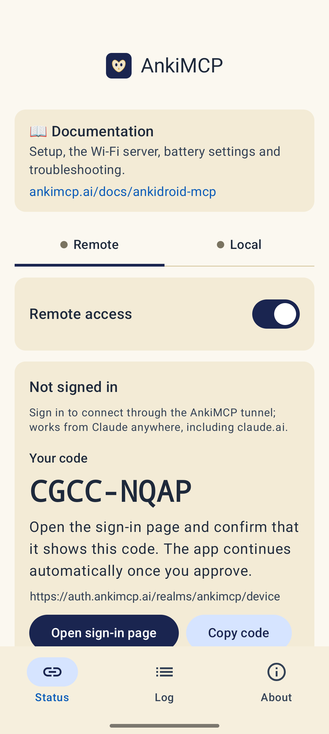 The Remote tab showing Your code, a sign-in page address, and Open sign-in page and Copy code buttons.