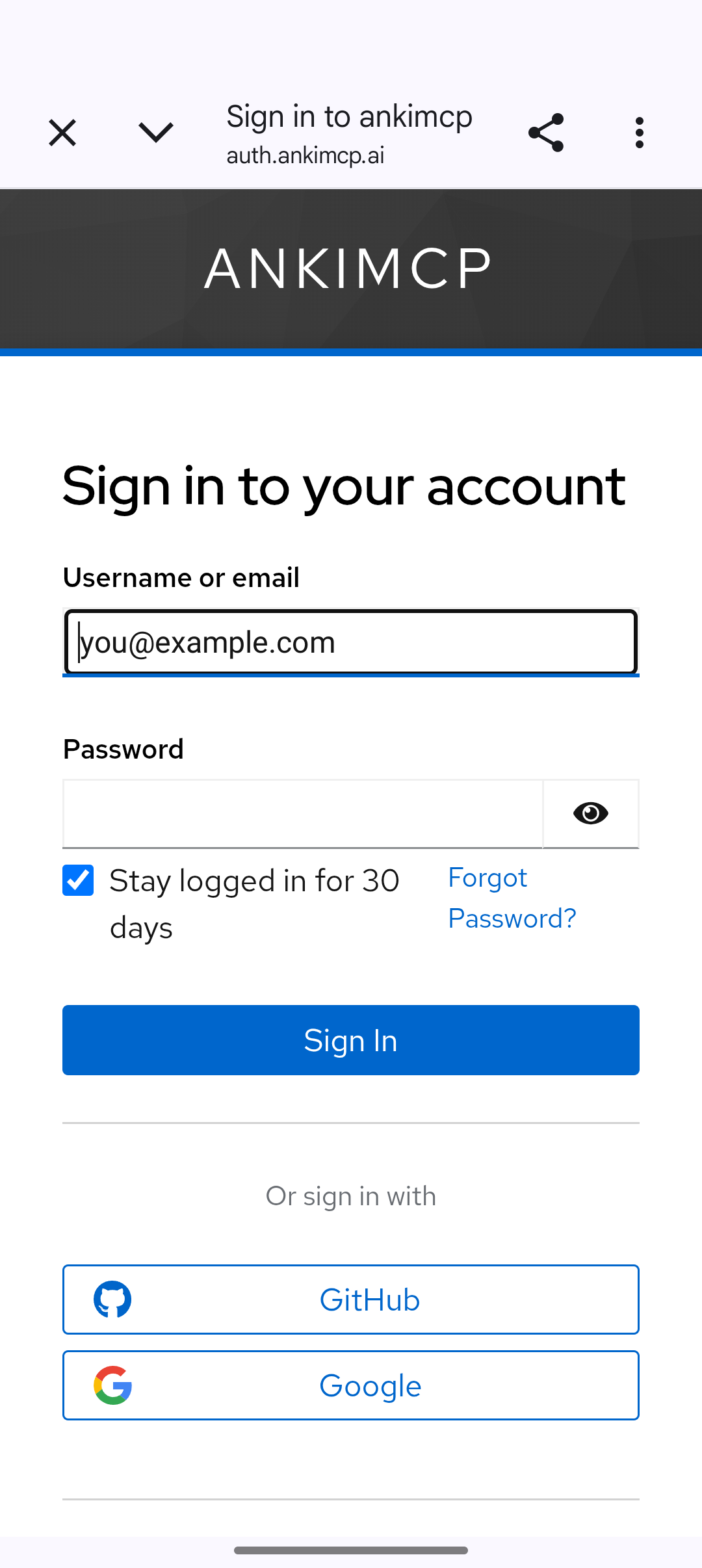 The AnkiMCP sign-in page in the phone's browser, with email and password fields and Google and GitHub buttons.