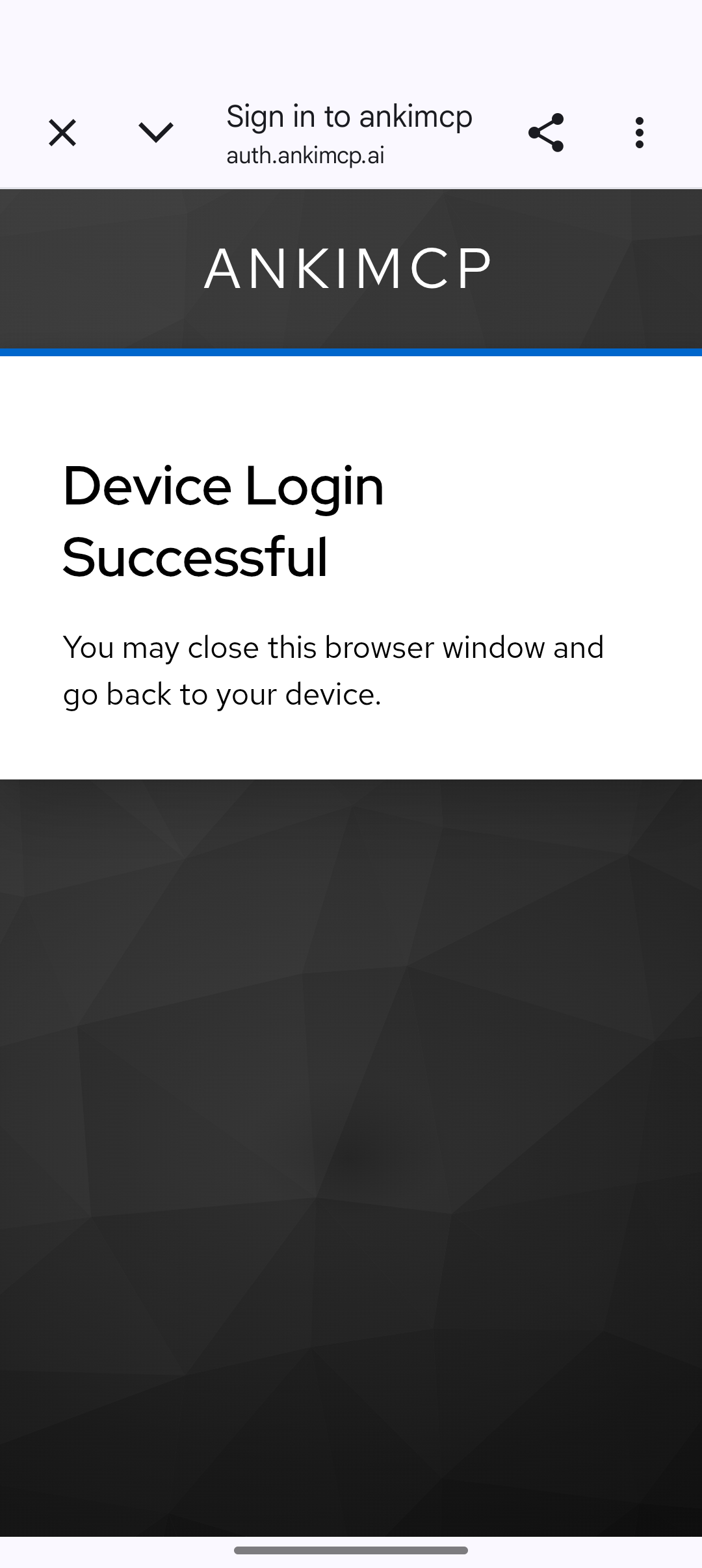 The Device Login Successful page saying you may close the browser window and go back to your device.