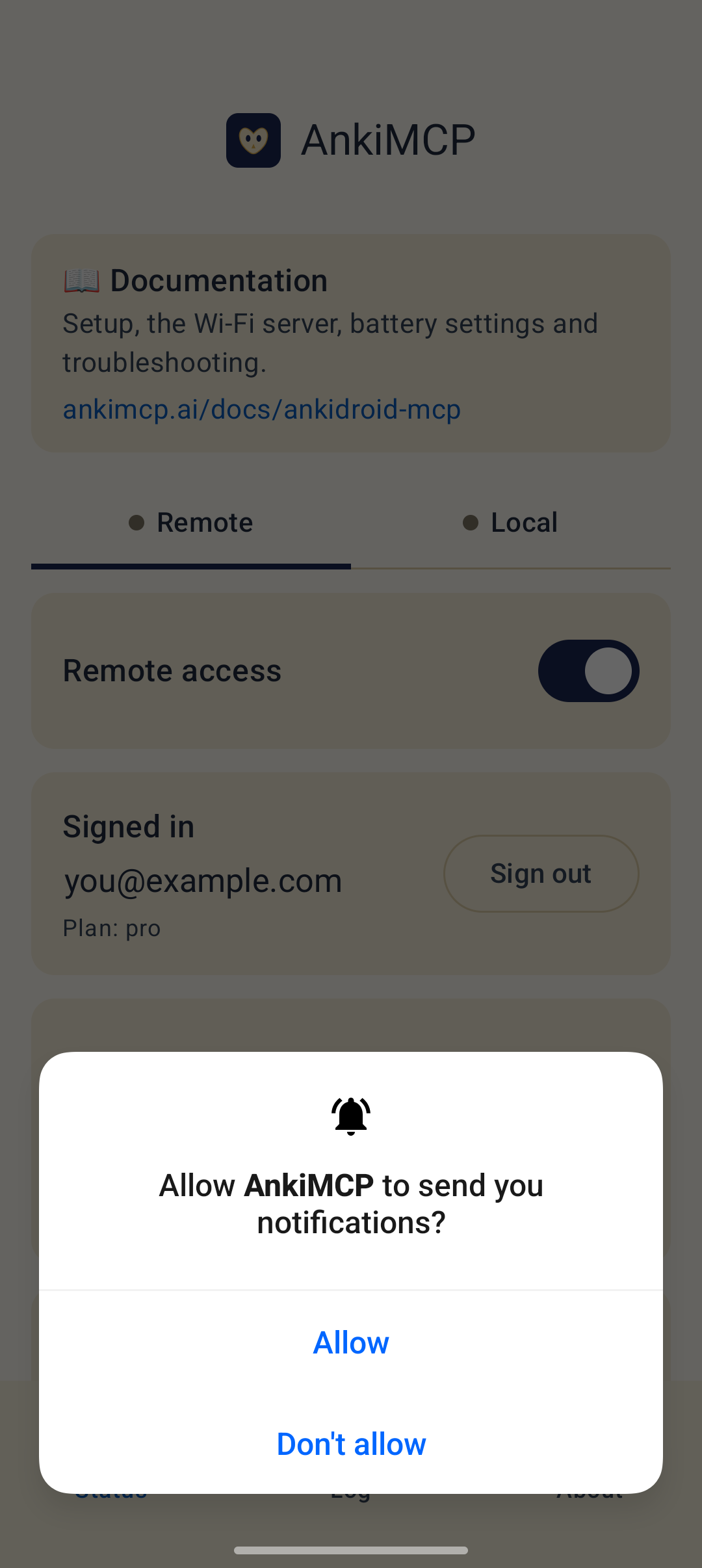 Android's prompt asking to allow AnkiMCP to send notifications.