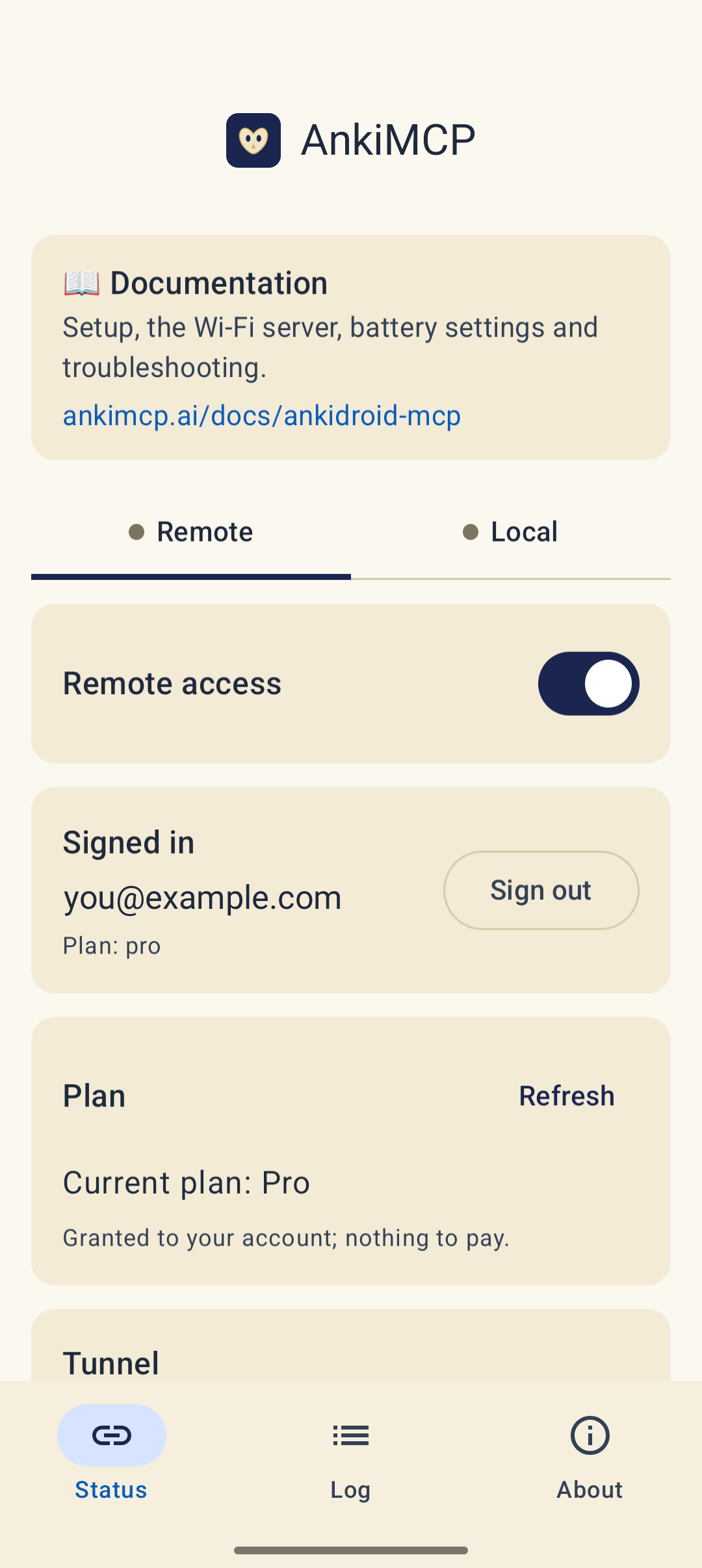 The Remote tab signed in, showing the account email, the current plan, and a Sign out button.