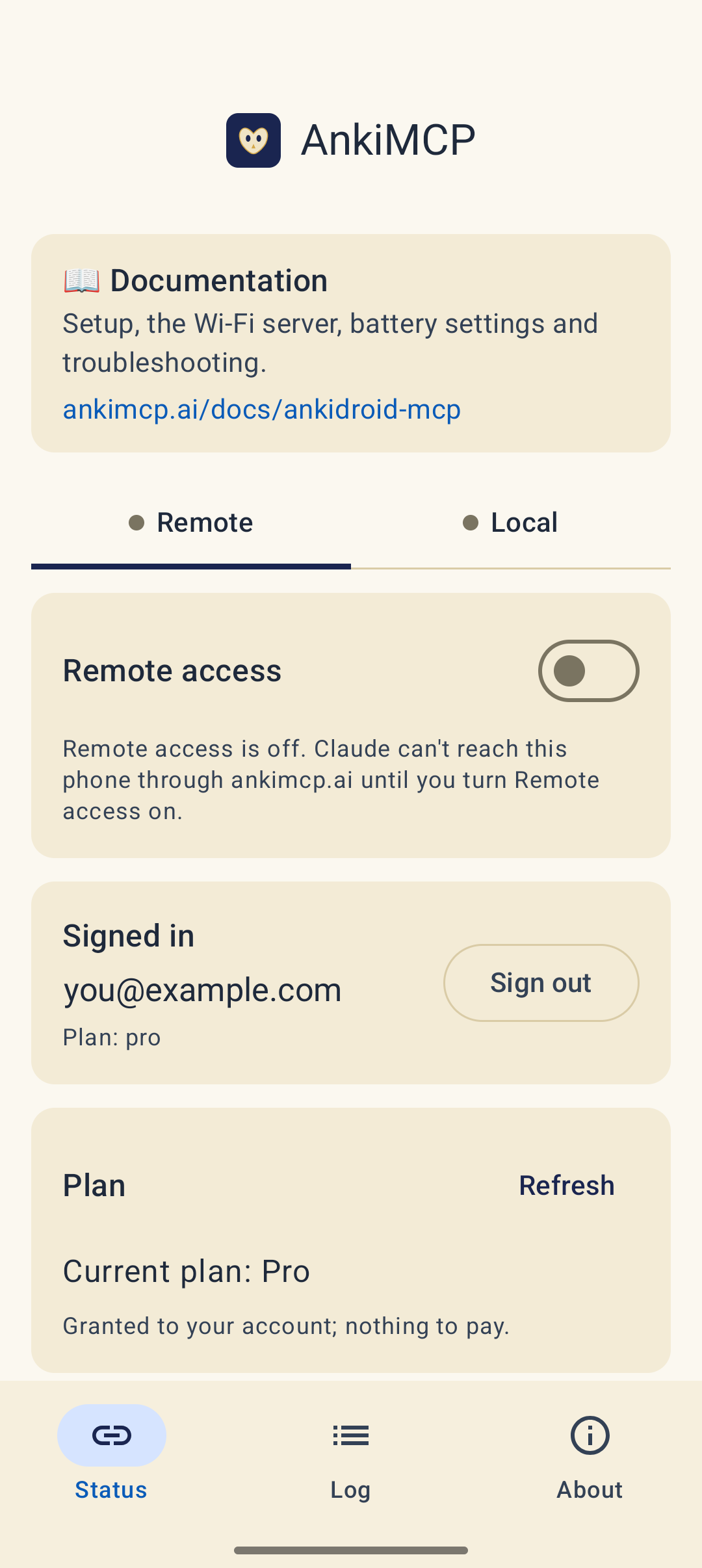 The Remote tab with Remote access off: Claude can't reach this phone through ankimcp.ai until you turn Remote access on.