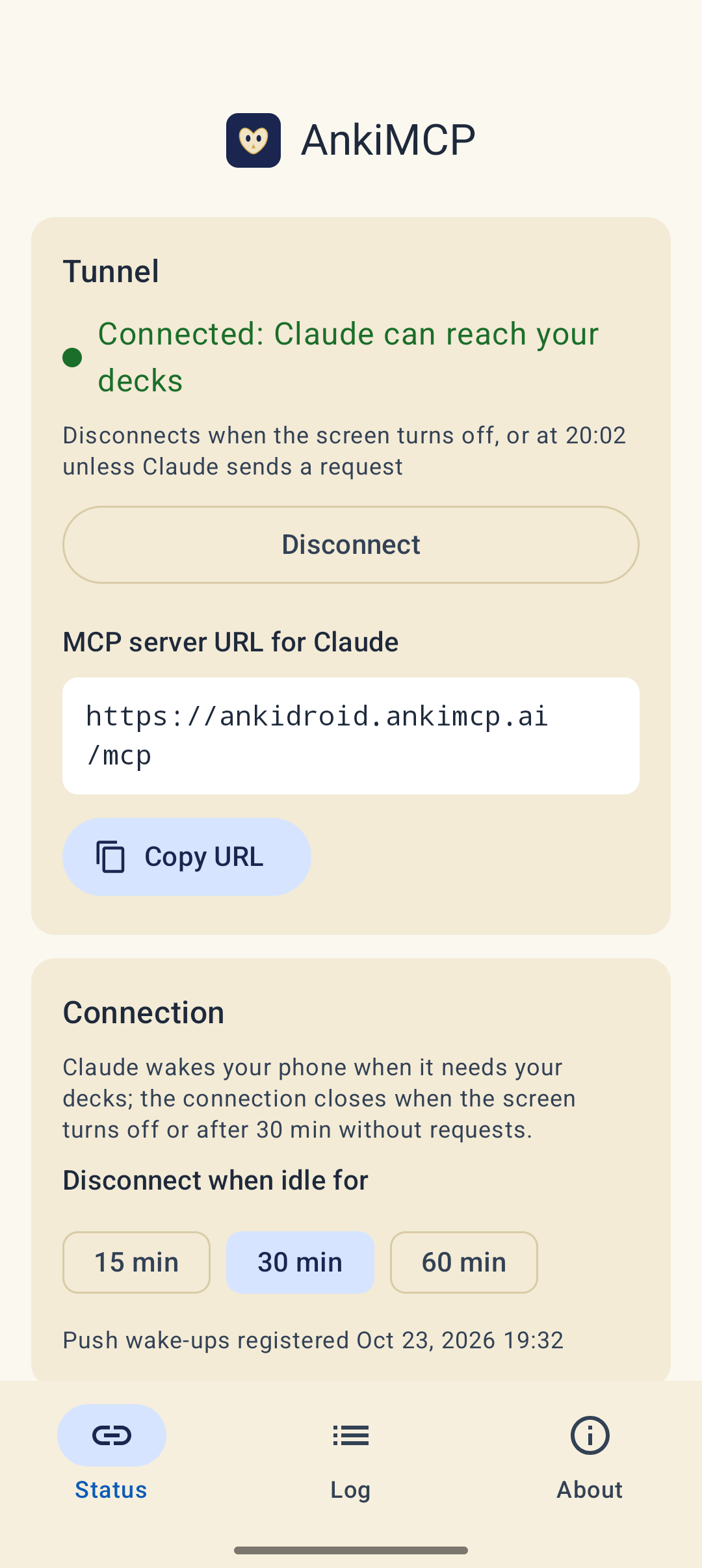 The Tunnel card connected, with a green dot, the text Connected: Claude can reach your decks, the time it will disconnect, and a Disconnect button.