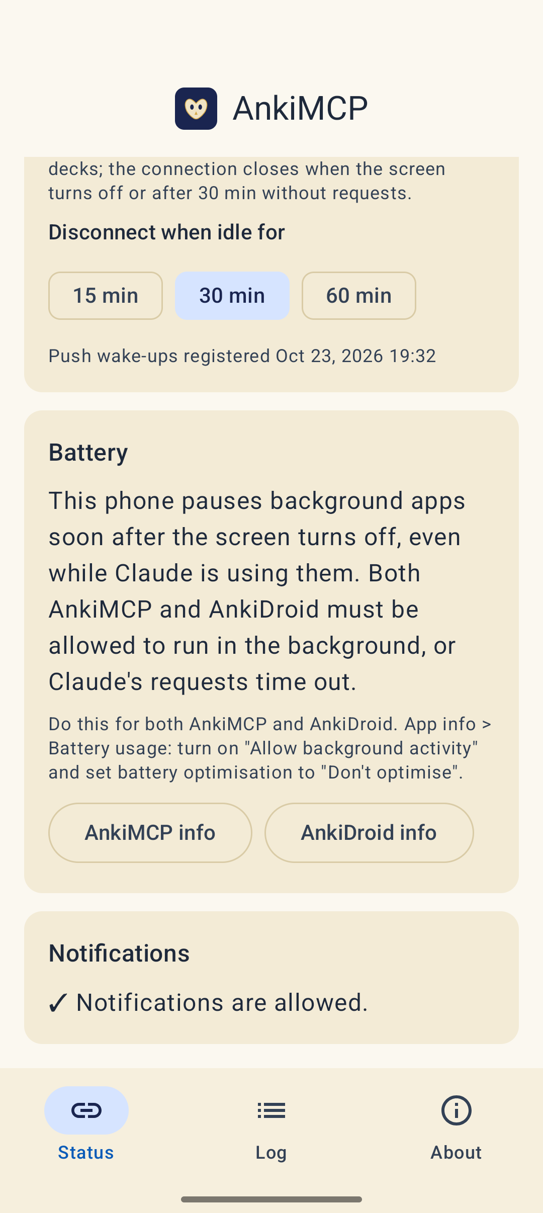 The Battery card on a Realme phone: both AnkiMCP and AnkiDroid must be allowed to run in the background, with steps for App info, Battery usage, and AnkiMCP info and AnkiDroid info buttons.