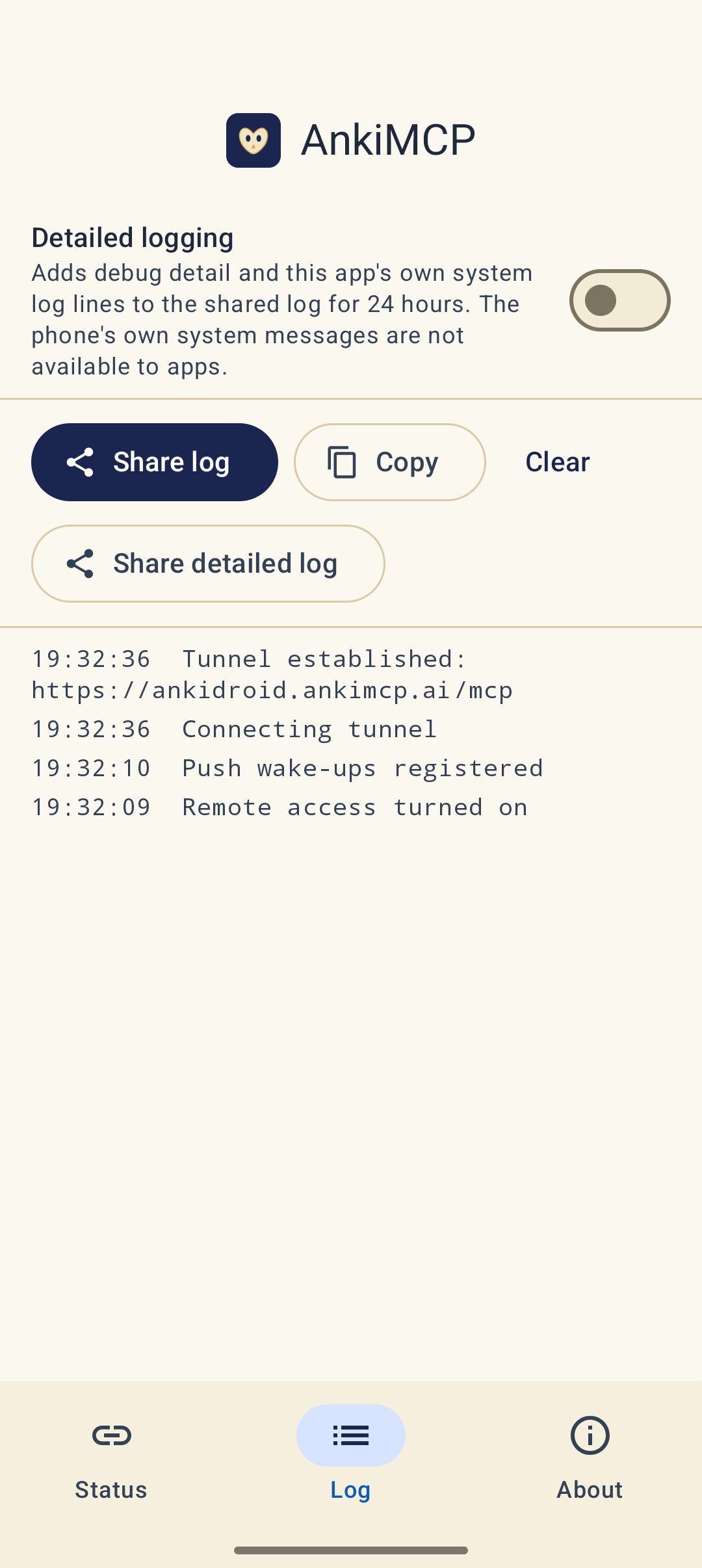 The Log tab with a Detailed logging switch, Share log, Copy, Clear, and Share detailed log buttons, and recent events such as Tunnel established.