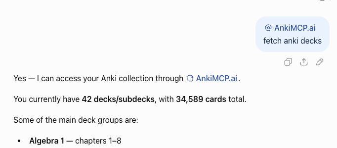 A ChatGPT conversation: the user message @AnkiMCP.ai fetch anki decks, and ChatGPT replying that it can access the Anki collection through AnkiMCP.ai and listing 42 decks with 34,589 cards.