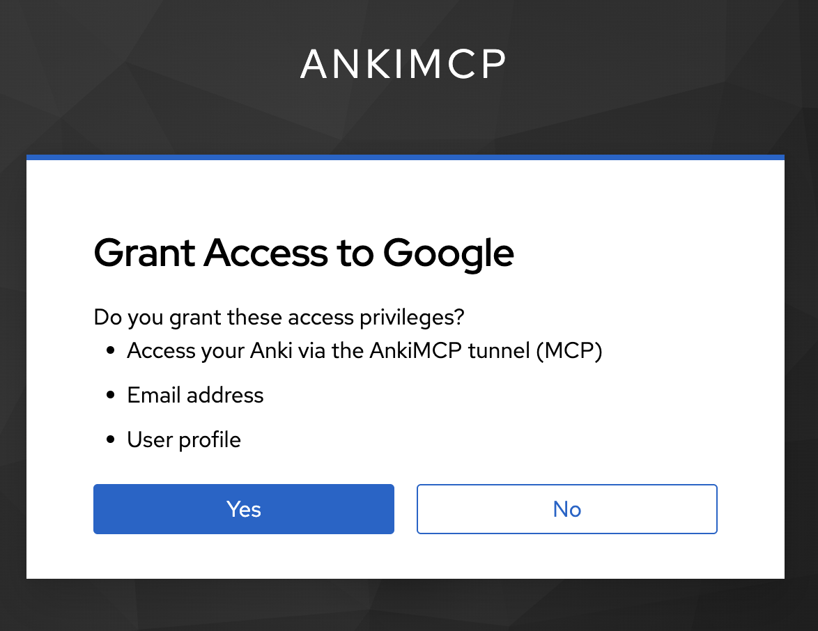 AnkiMCP's Grant Access to Google page listing Access your Anki via the AnkiMCP tunnel (MCP), Email address, and User profile, with Yes and No buttons.