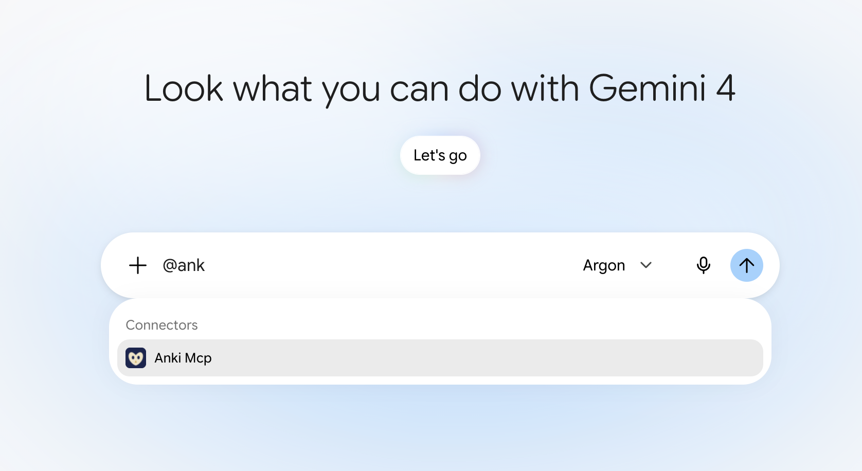 Gemini's prompt box with @ank typed and a Connectors menu below it showing Anki Mcp.