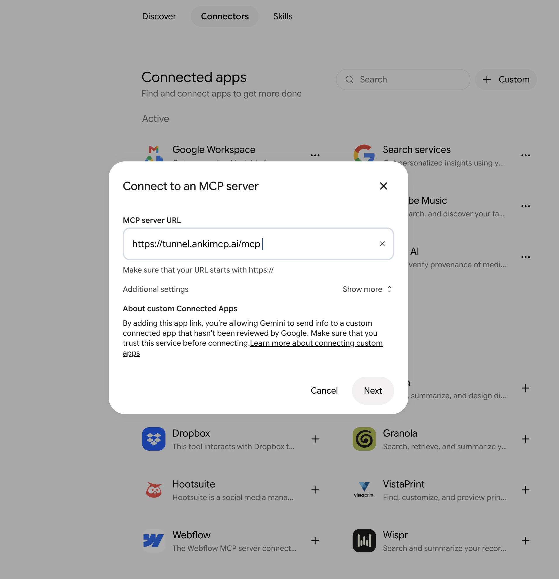 Gemini's Connect to an MCP server dialog over the Connected apps page: the MCP server URL field contains https://tunnel.ankimcp.ai/mcp, with an Additional settings row, a note that the app hasn't been reviewed by Google, and Cancel and Next buttons.