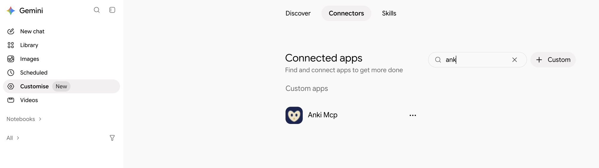 Gemini's Connected apps page on the Connectors tab, with Anki Mcp listed under Custom apps.