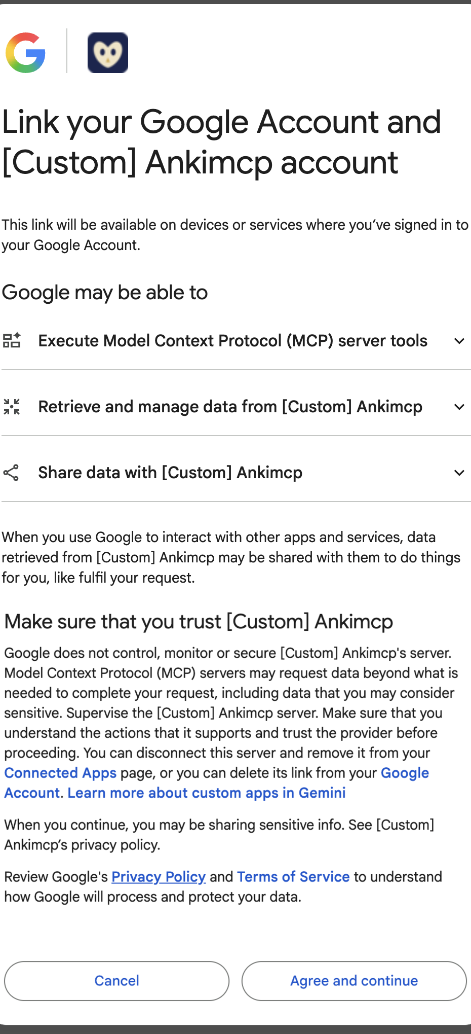 Google's Link your Google Account and [Custom] Ankimcp account consent screen listing Execute MCP server tools, Retrieve and manage data, and Share data, a Make sure that you trust section, and Cancel and Agree and continue buttons.