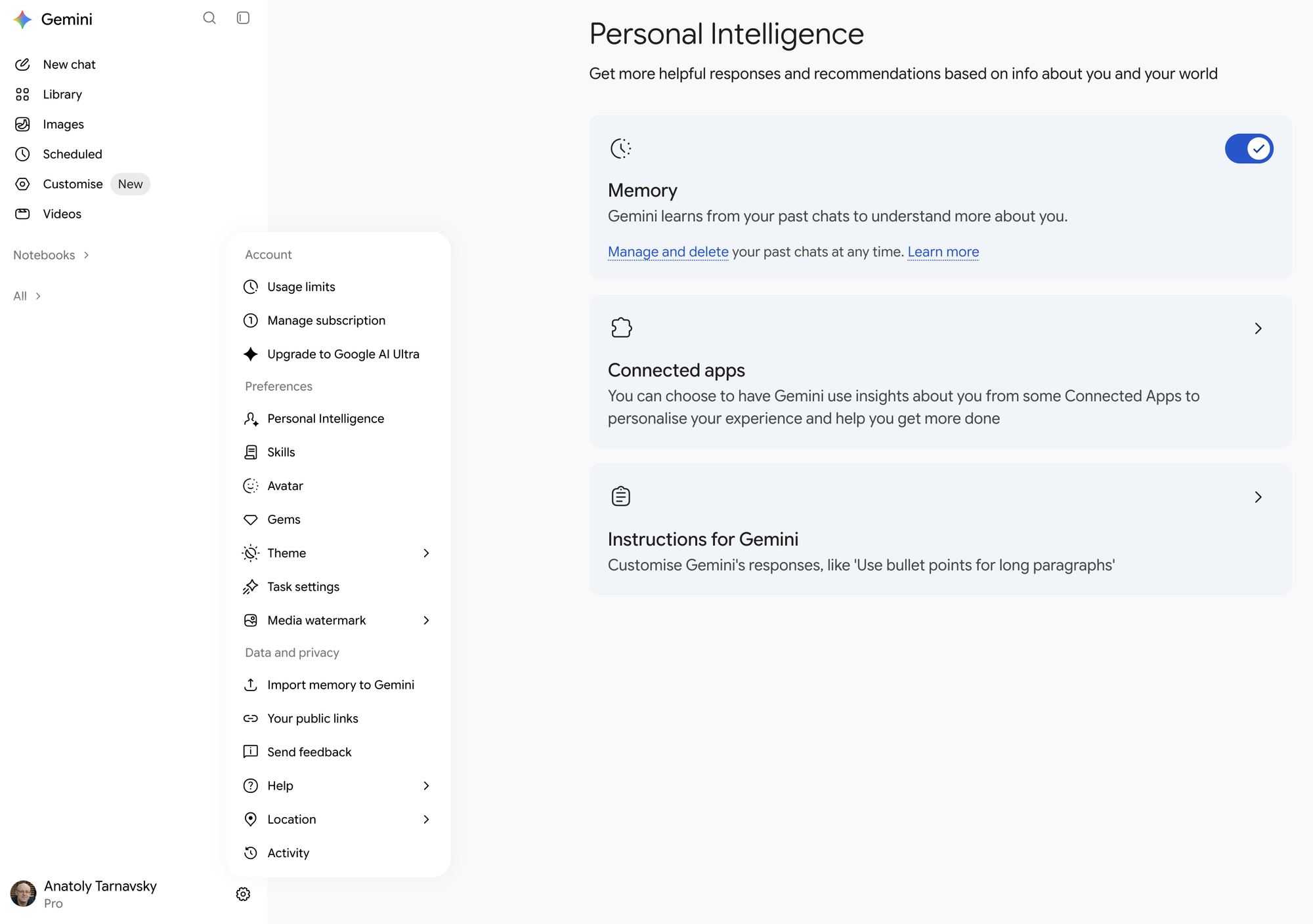 Gemini's Settings menu open from the gear at the bottom of the left sidebar, with Personal Intelligence under Preferences. Behind it, the Personal Intelligence page shows Memory, Connected apps, and Instructions for Gemini cards.