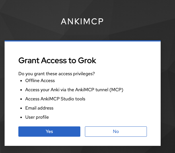 AnkiMCP's Grant Access to Grok page listing Offline Access, Access your Anki via the AnkiMCP tunnel (MCP), Access AnkiMCP Studio tools, Email address, and User profile, with Yes and No buttons.