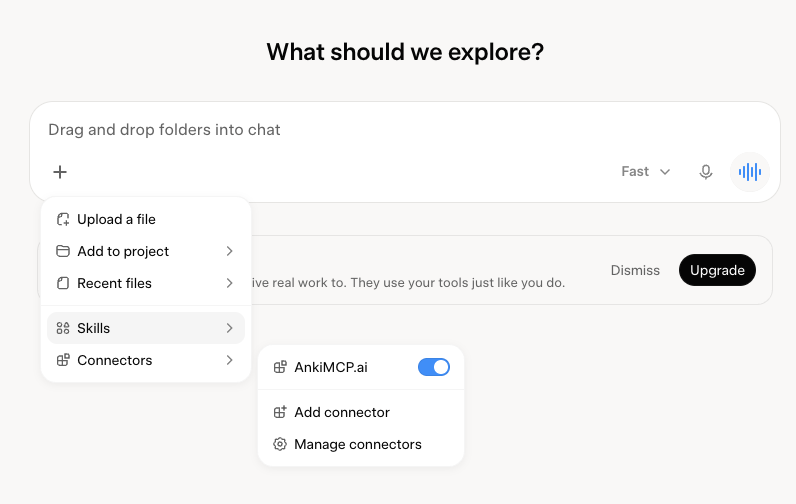 Grok's chat box with the + menu open: Upload a file, Add to project, Recent files, Skills, and Connectors, with the Connectors submenu showing an AnkiMCP.ai toggle switched on.