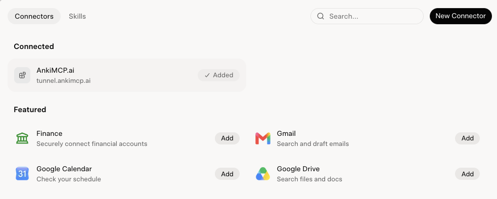 Grok's Connectors tab with AnkiMCP.ai (tunnel.ankimcp.ai) listed under Connected and marked Added.