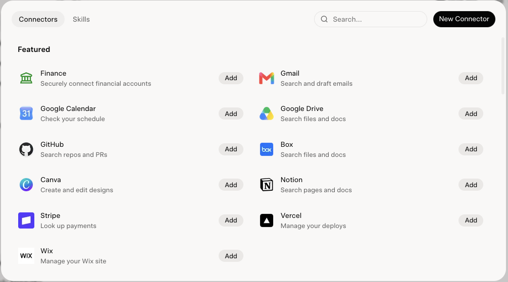 Grok's Plugins page on the Connectors tab, listing featured connectors like Gmail and GitHub, with a New Connector button in the top-right corner.