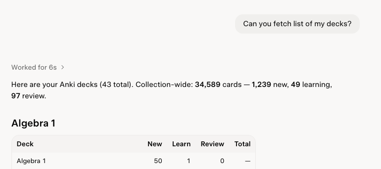 A Grok conversation: the user asks Can you fetch list of my decks, and Grok replies with 43 decks, 34,589 cards collection-wide, and a table of deck counts starting with Algebra 1.