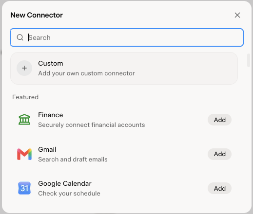 Grok's New Connector dialog with a search box, a Custom option labeled Add your own custom connector, and featured connectors below.