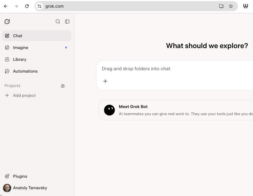 Grok's left sidebar with Chat, Imagine, Library, Automations, and Projects, and a Plugins entry near the bottom above the account name.
