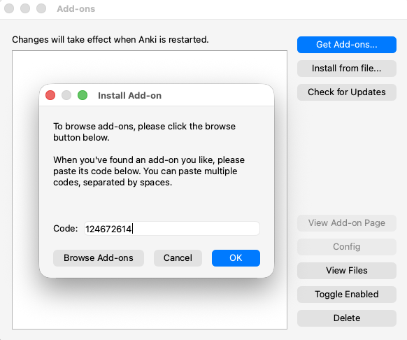Anki's Install Add-on dialog with the AnkiMCP add-on code 124672614 entered in the Code field.