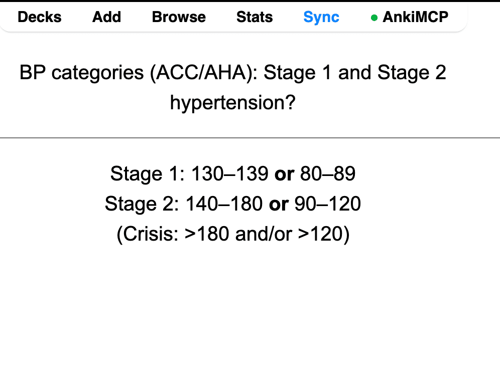 An Anki card made from the textbook: the front asks for the ACC/AHA stage 1 and stage 2 hypertension blood pressure ranges, and the back lists the ranges for each stage plus the crisis threshold.