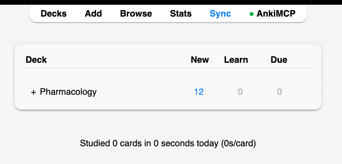 Anki's deck list showing a Pharmacology deck with 12 new cards, and the AnkiMCP status dot green in the toolbar.