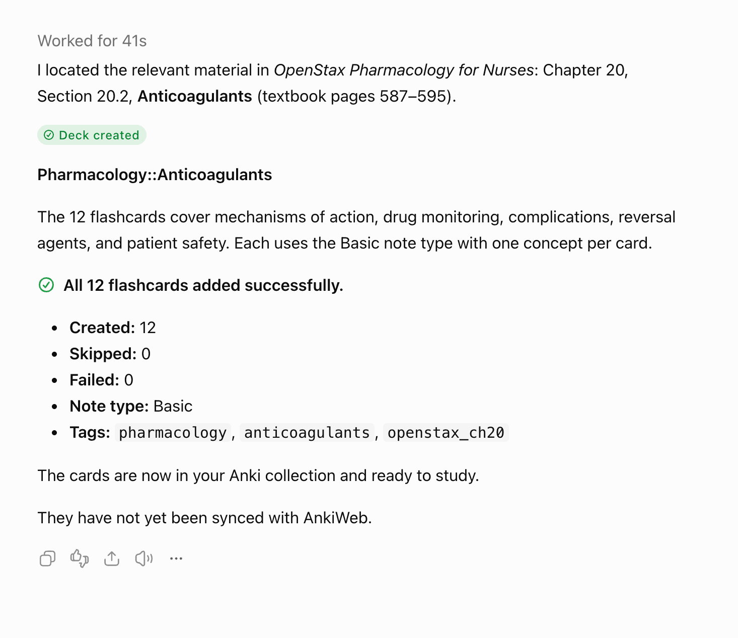 ChatGPT's reply: it located Chapter 20, section 20.2 Anticoagulants, shows a Deck created badge for Pharmacology::Anticoagulants, and reports all 12 flashcards added successfully with the Basic note type and tags.