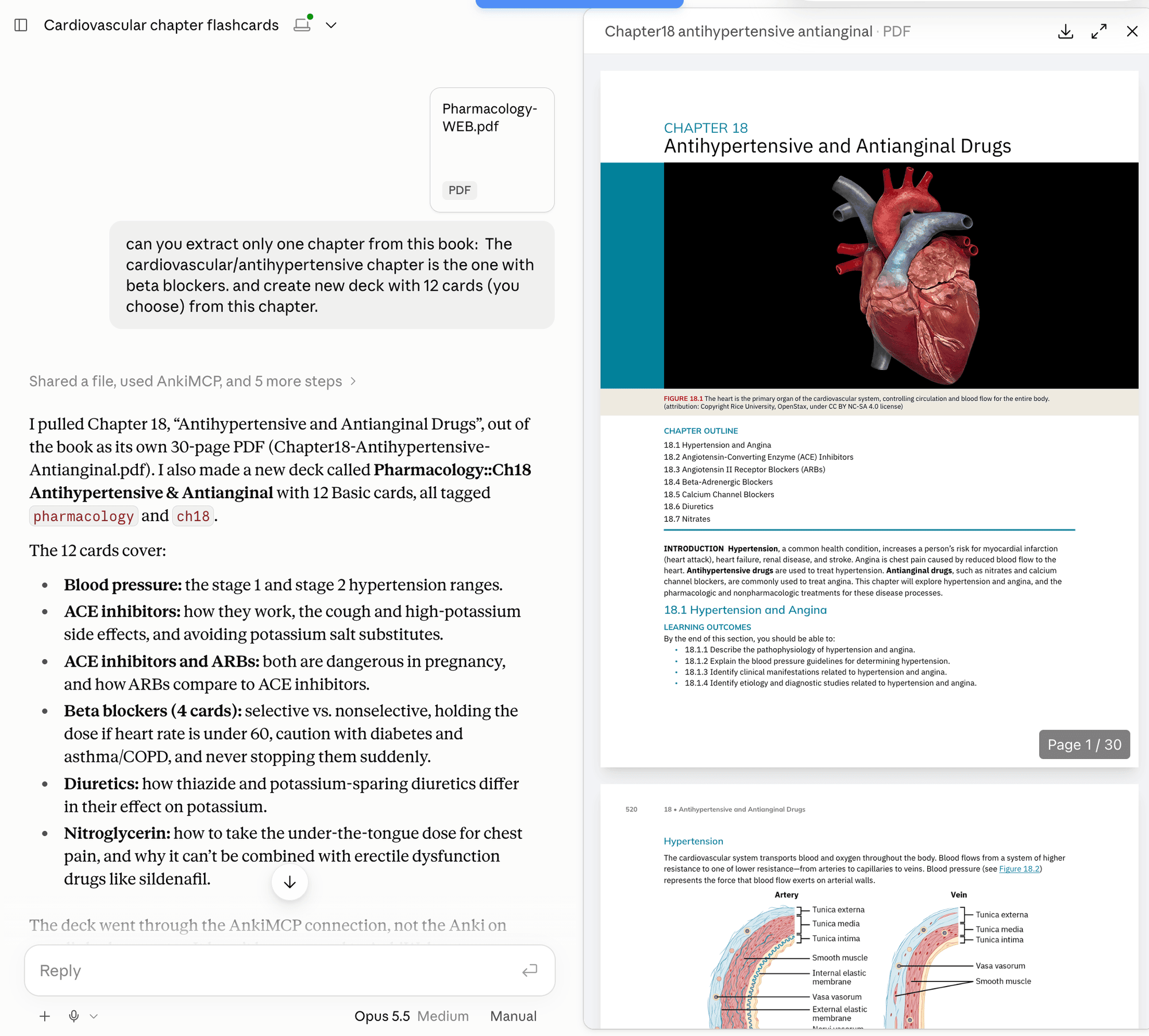 Claude after reading a nursing pharmacology textbook PDF: the reply says it pulled Chapter 18, Antihypertensive and Antianginal Drugs, into its own 30-page PDF and created a Pharmacology deck with 12 Basic cards, then lists what the cards cover. The chapter PDF is open in a side panel.