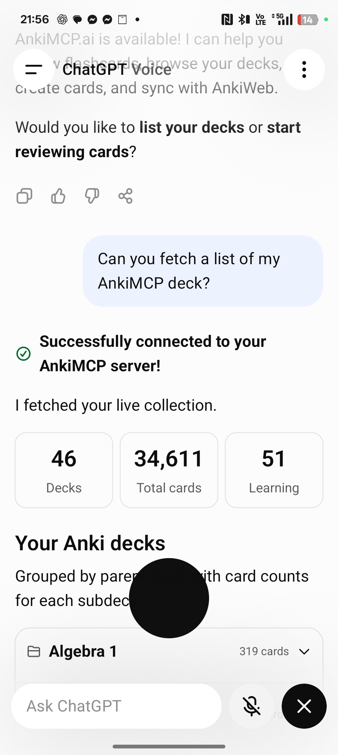 ChatGPT Voice on a phone: the user asks for a list of their AnkiMCP decks, ChatGPT reports it successfully connected to the AnkiMCP server and shows the live collection with deck and card counts.