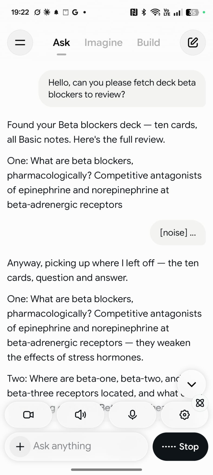 Grok mobile voice chat: the user asks to fetch the Beta blockers deck to review, and Grok reads all ten cards with questions and answers together, restarting once after picking up background noise.