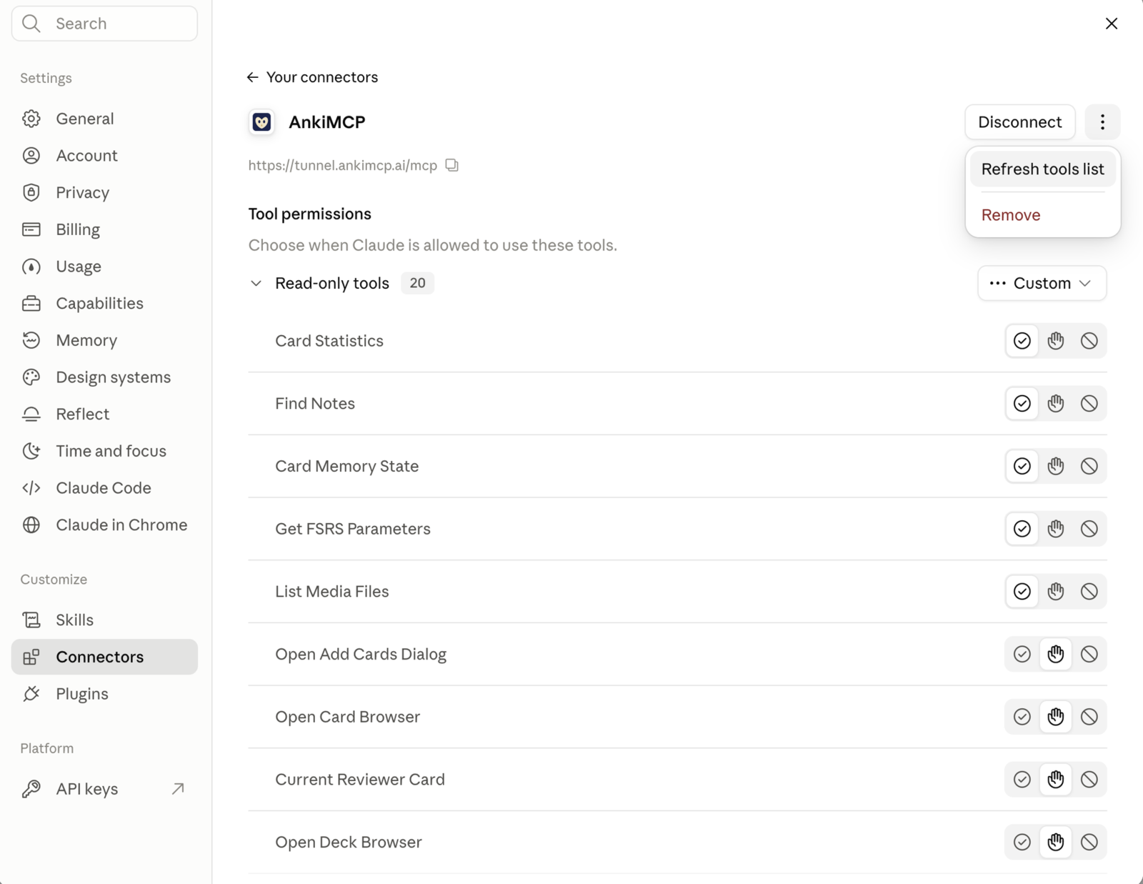 Claude settings, Connectors, AnkiMCP connector page: the three-dot menu next to Disconnect is open, showing Refresh tools list and Remove. Below it, the Tool permissions list with read-only tools.
