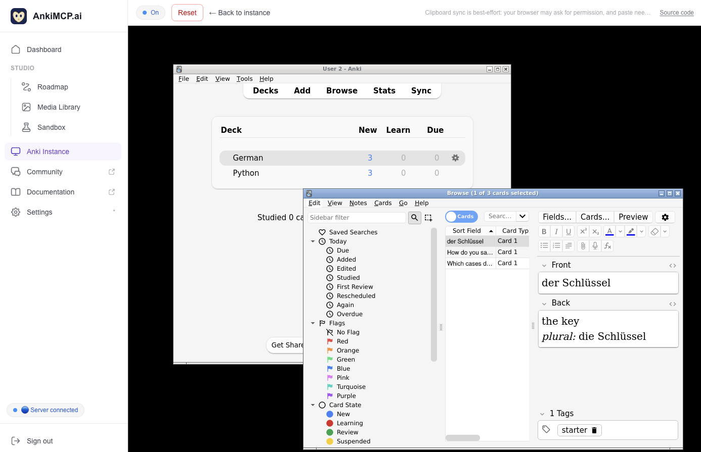 Hosted Anki aberto na visão Anki Instance do painel: o app do Anki de verdade rodando em um acesso remoto dentro do navegador, mostrando a lista de baralhos com os baralhos German e Python e a janela Painel (Browse) com um card de vocabulário de alemão (der Schlüssel — the key), com o botão On da instância e o controle Back to instance no topo.