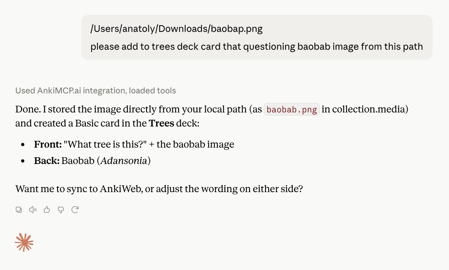 Uma conversa em que a pessoa passa ao Claude o caminho de um arquivo local com a foto de um baobá e pede um card no baralho Trees; o Claude confirma que guardou a imagem em collection.media e criou o card com frente e verso.