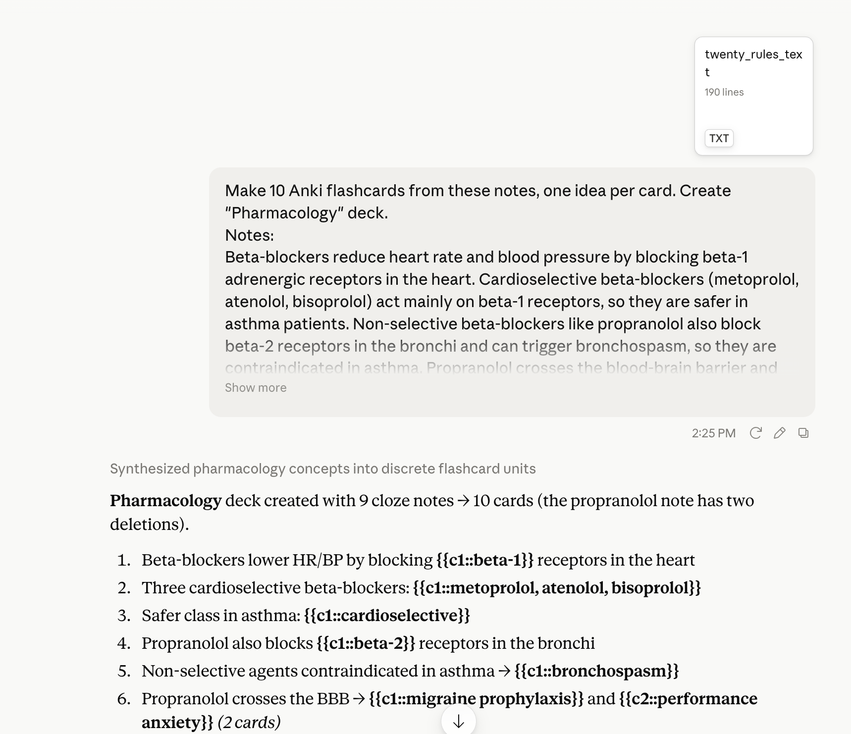 Claude com o prompt twenty_rules anexado criando um baralho de Farmacologia: a resposta confirma 9 notas cloze gerando 10 cards, com os primeiros cards listados como omissões curtas de um único fato.