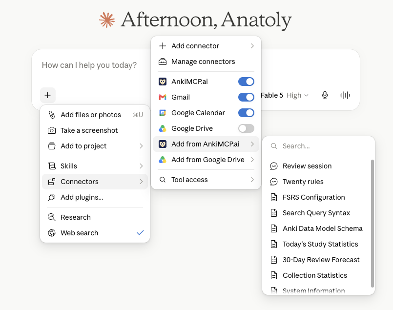 Menu de anexos do Claude com o conector AnkiMCP ativado: o submenu Add from AnkiMCP.ai lista prompts como Review session e Twenty rules.
