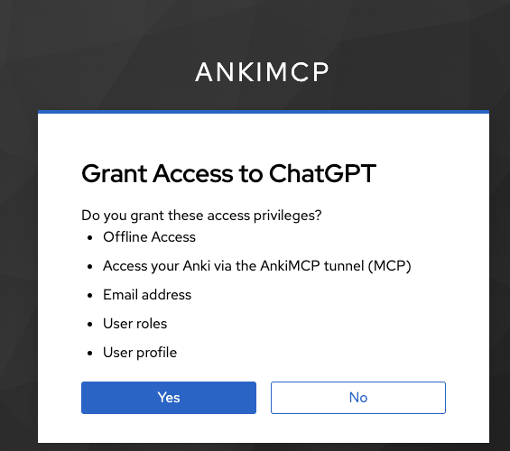 Página Grant Access to ChatGPT do AnkiMCP listando Offline Access, Access your Anki via the AnkiMCP tunnel (MCP), Email address, User roles e User profile, com os botões Yes e No.