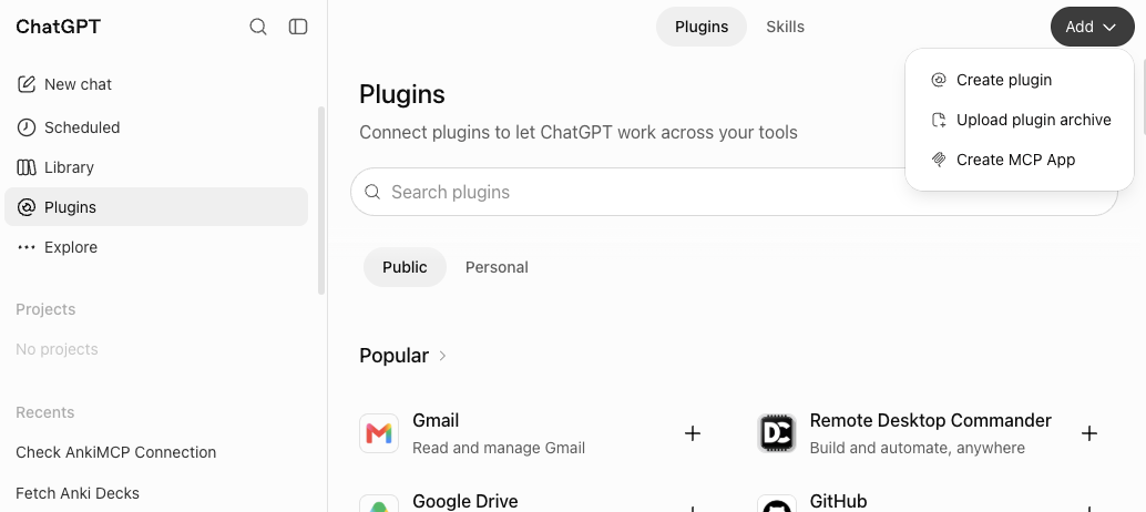 Página Plugins do ChatGPT com o menu Add aberto no canto superior direito, mostrando Create plugin, Upload plugin archive e Create MCP App.