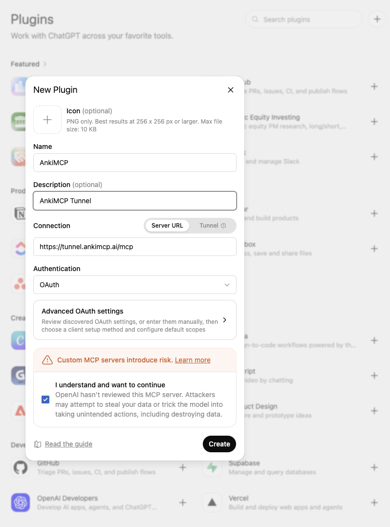 Janela New Plugin do ChatGPT: o campo Name com AnkiMCP, Connection definido como Server URL com a URL do túnel colada, Authentication em OAuth e a caixa de risco I understand and want to continue marcada.