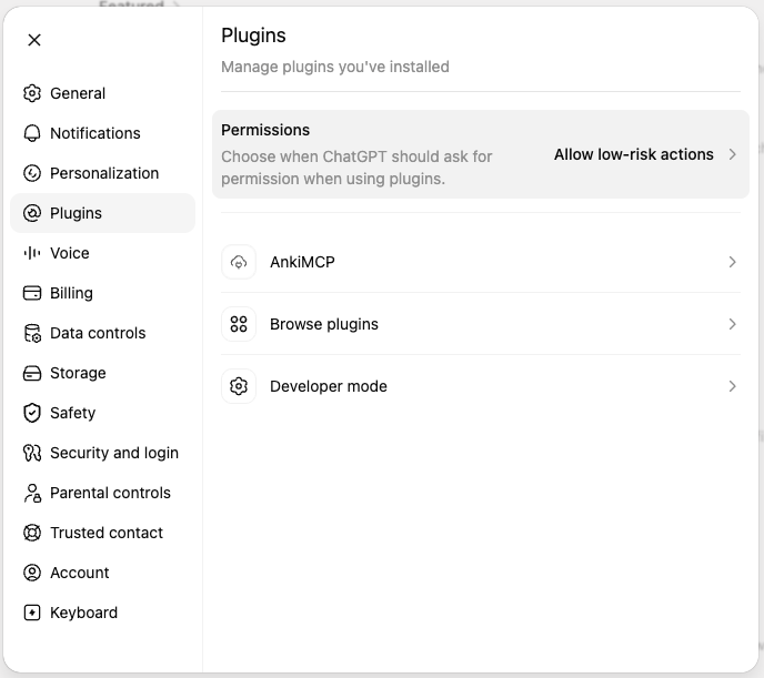 ChatGPT em Settings → Plugins mostrando o AnkiMCP na lista de plugins instalados.