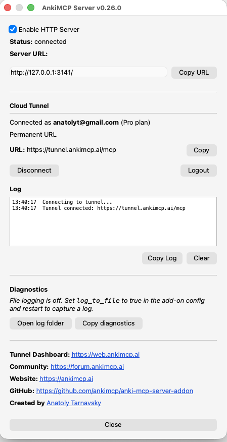 AnkiMCP Server Settings com o Cloud Tunnel conectado, mostrando a conta conectada e a URL permanente do túnel https://tunnel.ankimcp.ai/mcp com um botão Copy.