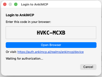 Janela Login to AnkiMCP mostrando um código de uso único, um botão Open Browser e o status de espera pela autorização.