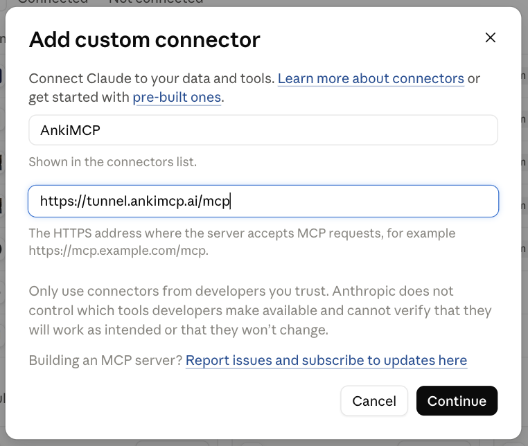 A janela Add custom connector do claude.ai: o nome AnkiMCP e a URL do túnel https://tunnel.ankimcp.ai/mcp preenchidos, e o botão Continue.