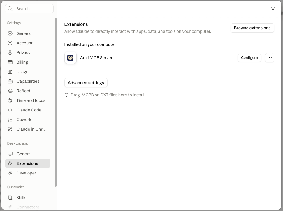 Claude Desktop em Settings → Extensions com a extensão Anki MCP Server instalada no seu computador.