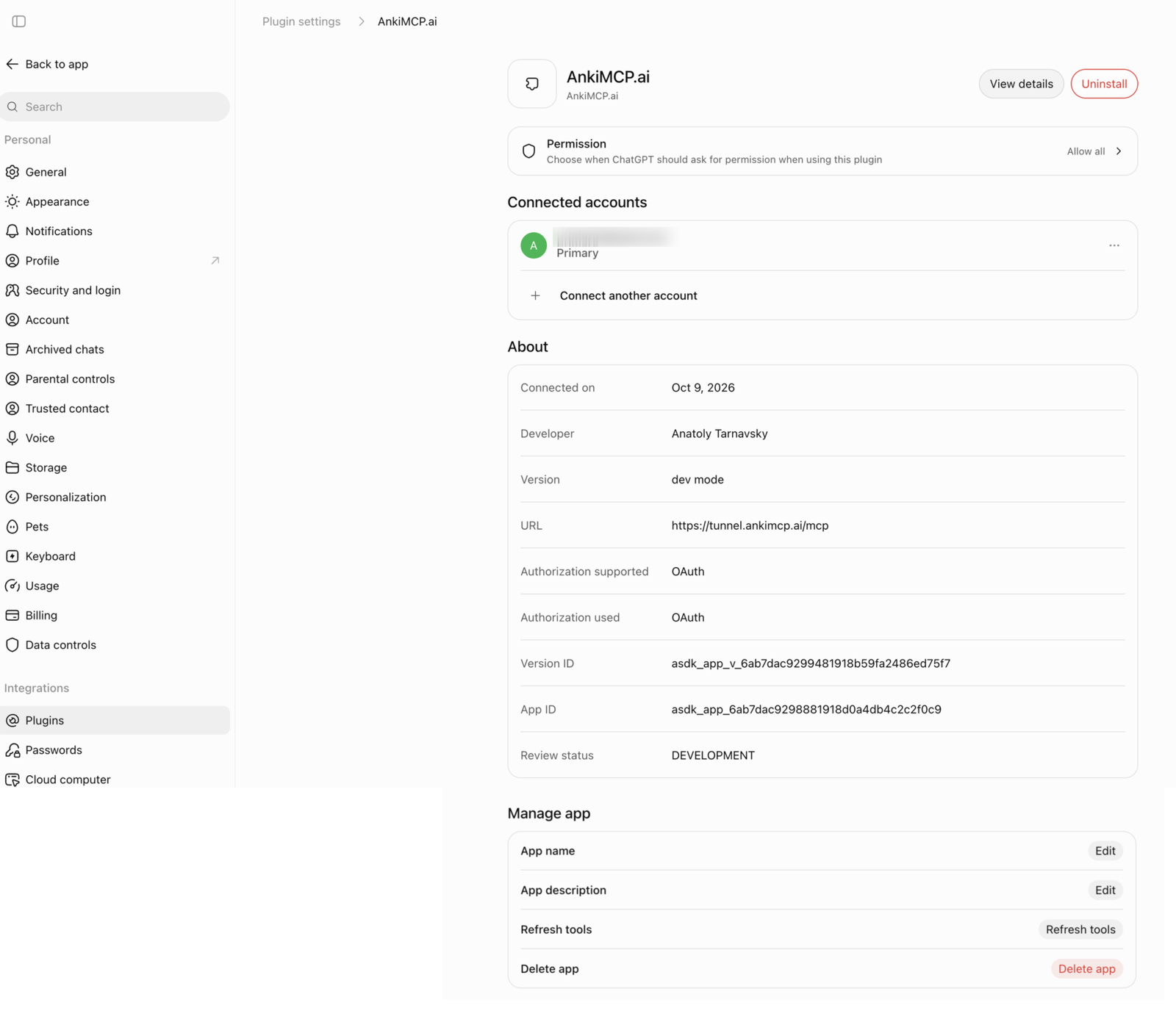 Configurações do ChatGPT, Plugins, página do plugin AnkiMCP.ai: a seção About com a URL do túnel e, abaixo, a seção Manage app com o botão Refresh tools.
